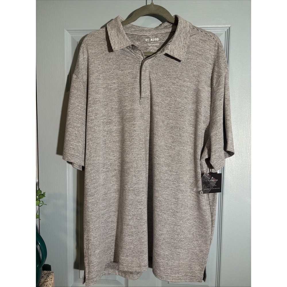 01.Algo Mens Performance Polo Shirt Sz. XXL Gray-Striped/Golf/UV SPF 40/Dry. NWT